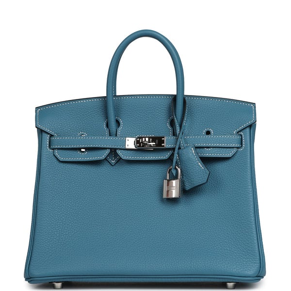 Pre-owned Hermes Birkin 25 Blue Jean Togo Palladium Hardware