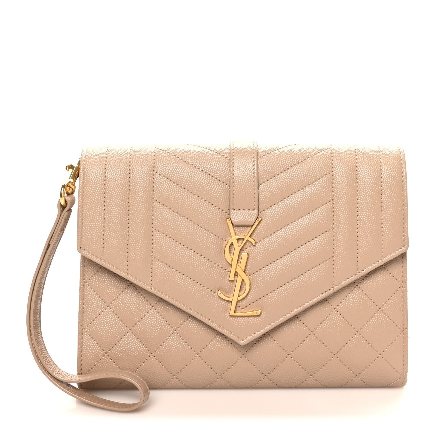 Saint Laurent Grain De Poudre Textured Mixed Matelasse Triquilt Monogram Clutch Dark Beige Dark Beige