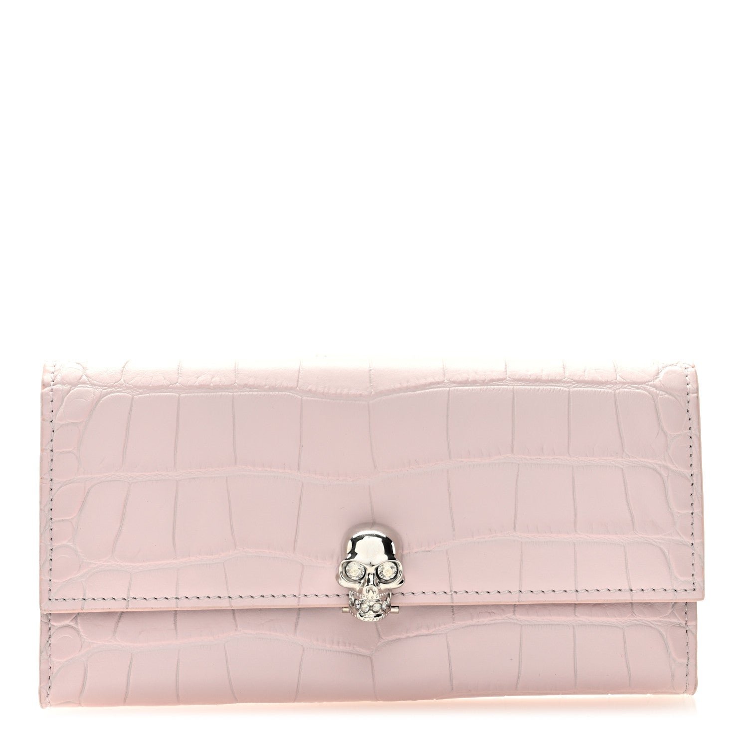 Alexander McQueen Silky Calfskin Crocodile Embossed Skull Continental Wallet Baby Pink