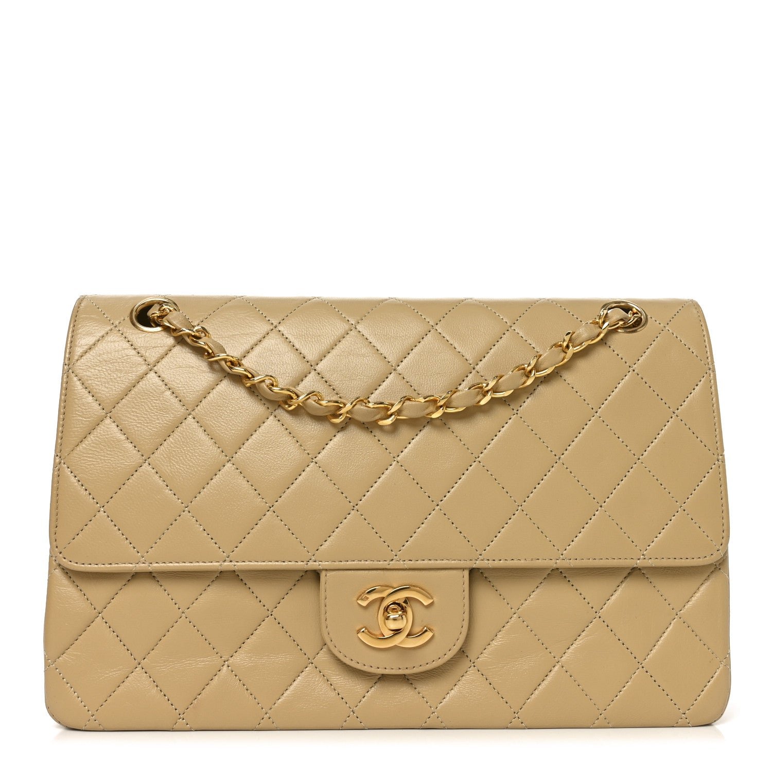 Chanel Lambskin Quilted Medium Double Flap Beige