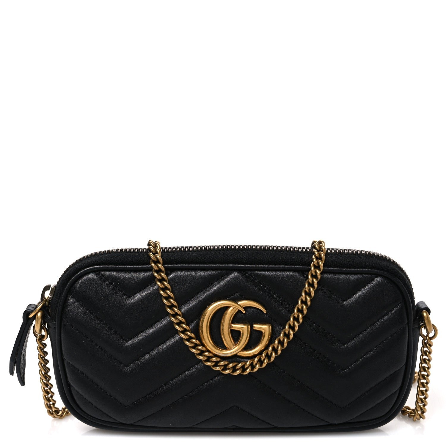 Gucci Calfskin Matelasse Mini GG Marmont Chain Crossbody Bag Black