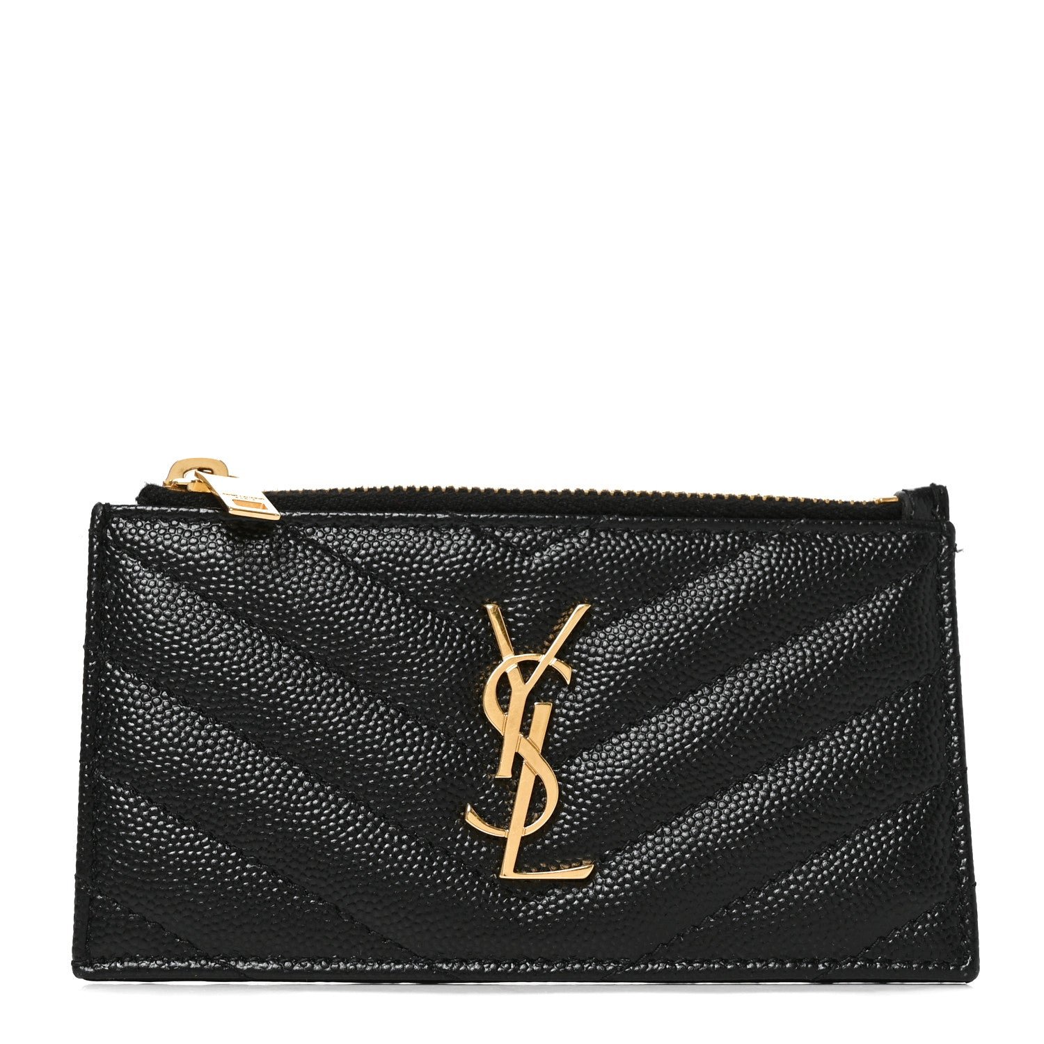 Saint Laurent Grain De Poudre Matelasse Chevron Monogram Fragments Zippered Card Case Black