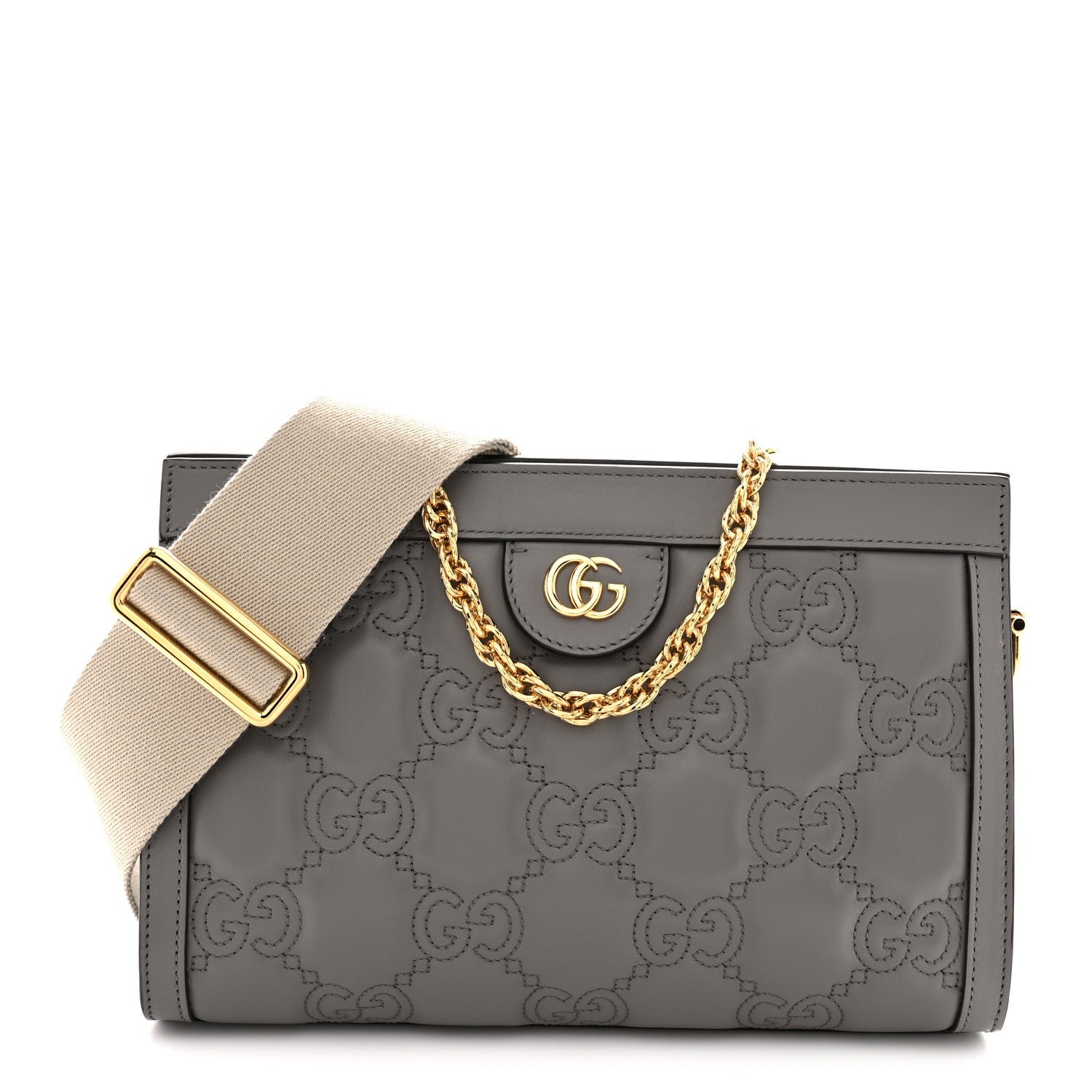 Gucci Calfskin GG Matelasse Small Slim Chain Shoulder Bag Dusty Grey Natural