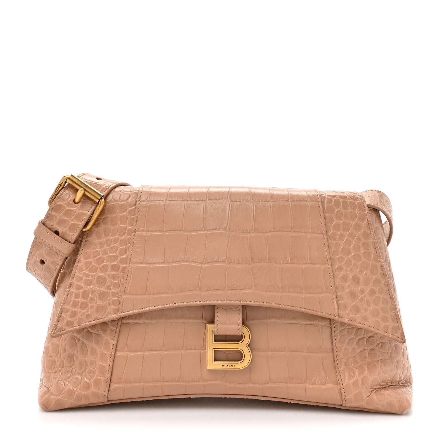 Balenciaga Balenciaga Extra Supple Calfskin Crocodile Embossed Small Downtown Shoulder Bag Nude Beige