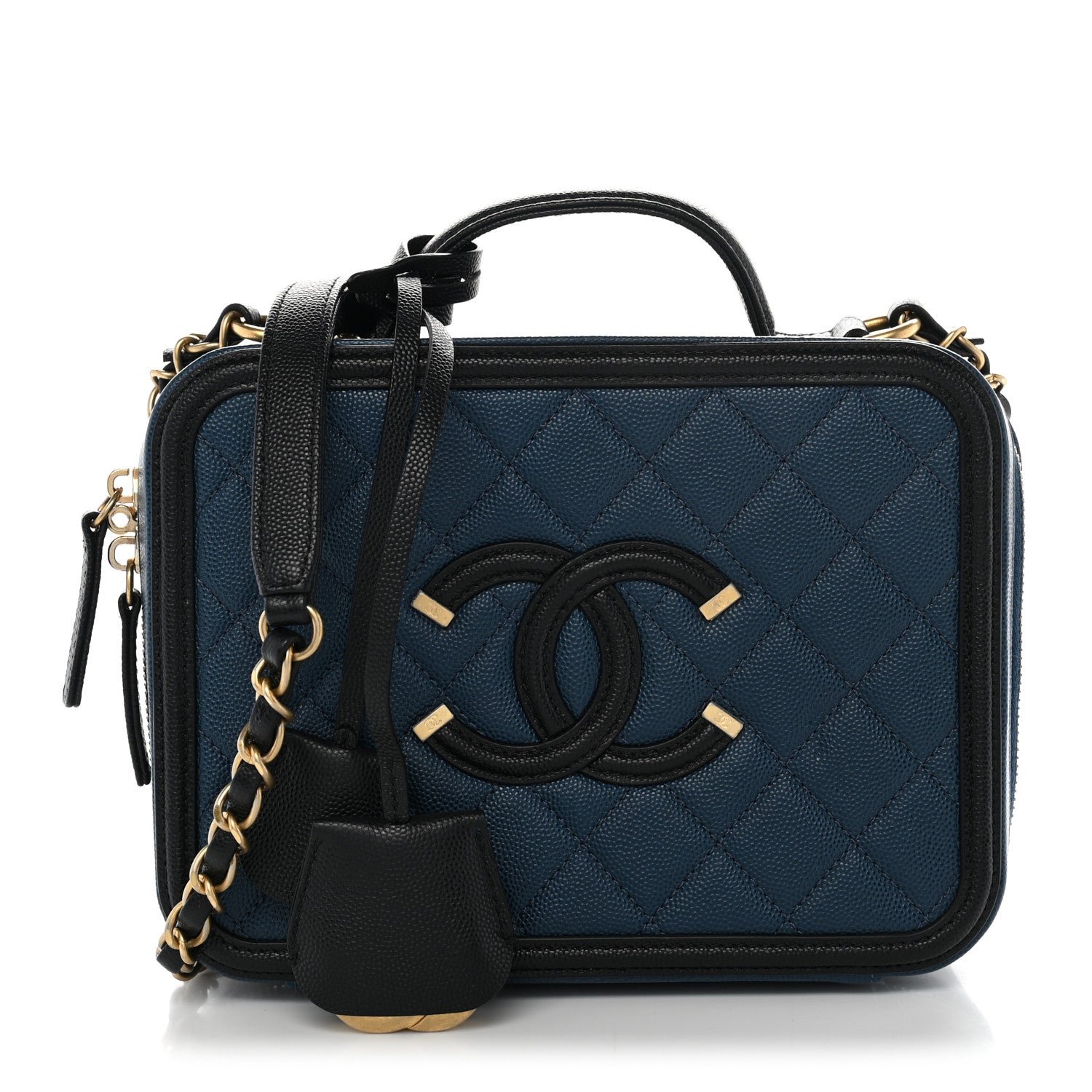 Chanel Caviar Quilted Medium CC Filigree Vanity Case Navy Black