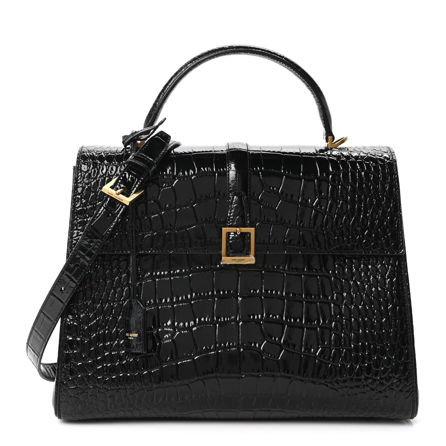 Saint Laurent Shiny Calfskin Crocodile Embossed Le Fermoir Top Handle Bag Black