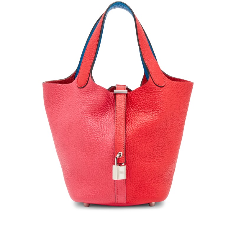 Rouge De Coeur, Rose Extreme, and Bleu Zanzibar Clemence Casaque Picotin Lock 18 Palladium Hardware, 2020