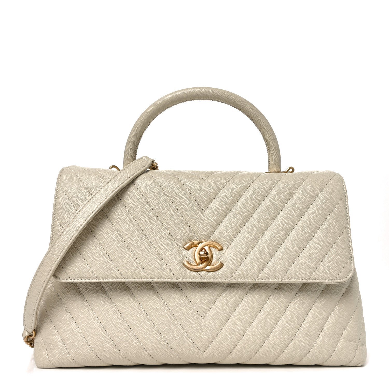 Chanel Caviar Chevron Quilted Medium Coco Handle Flap White