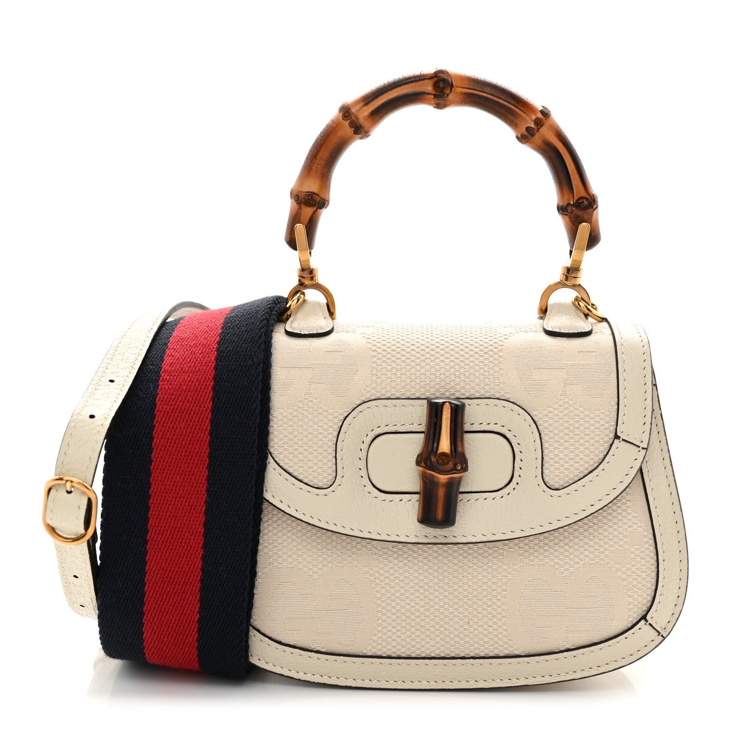 Gucci Monogram Jumbo GG Textured Dollar Calfskin Web Mini Bamboo 1947 Top Handle Bag Off White