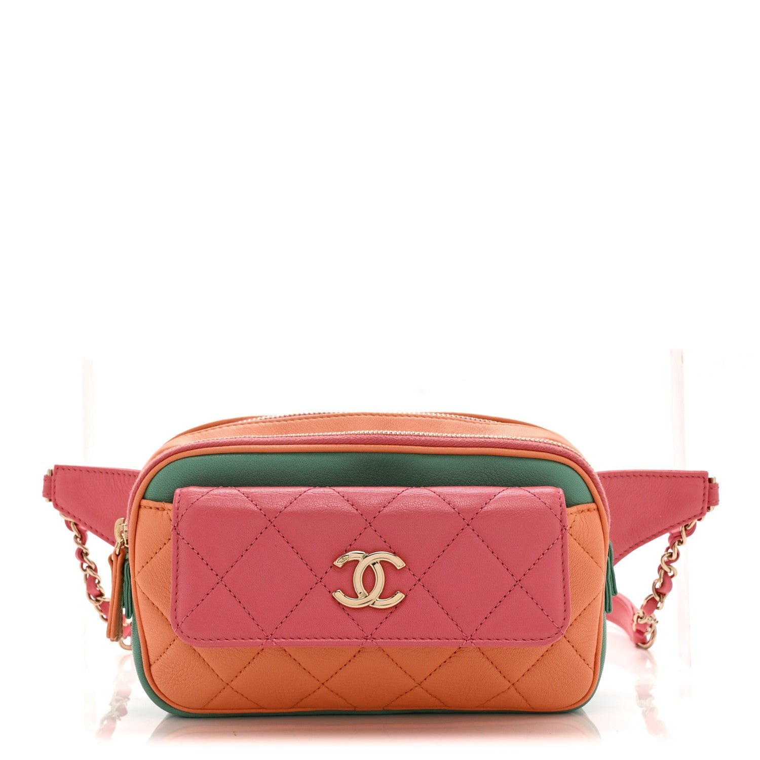 Chanel Goatskin Quilted Tri-Color In & Out Waist Bag Orange Green Pink