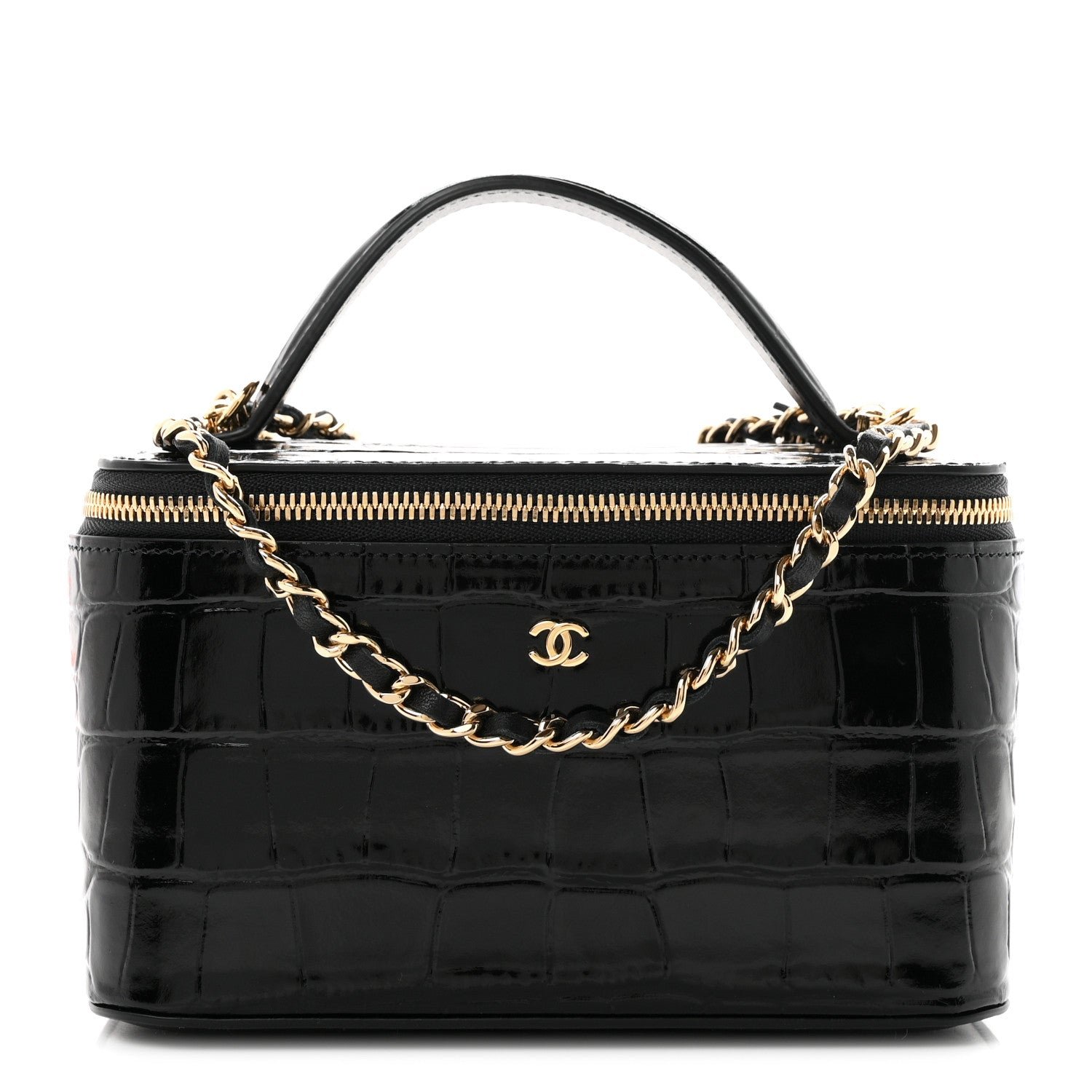 Chanel Calfskin Crocodile Embossed Crococo Small Top Handle Vanity Case With Chain Black