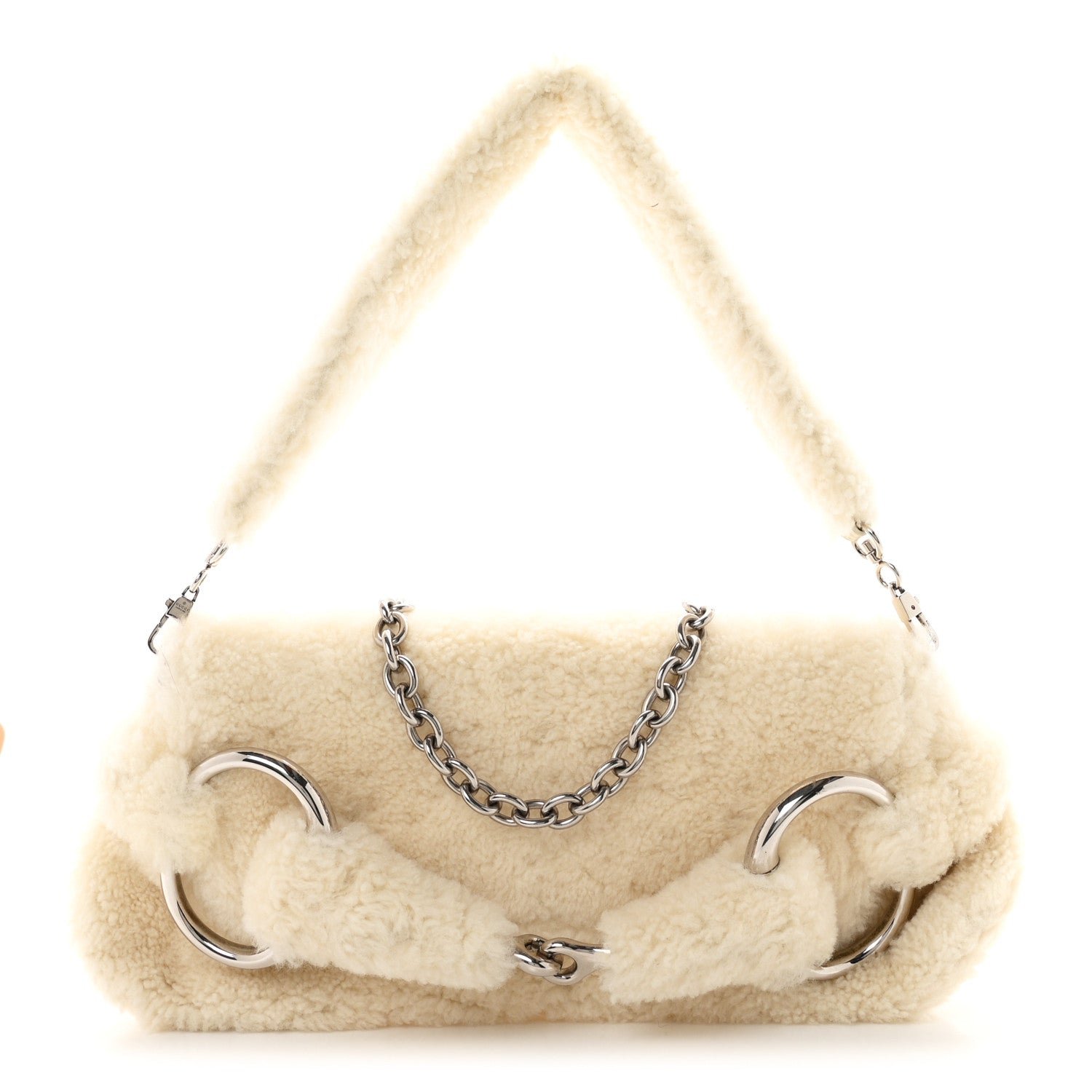 Gucci Merino Wool Medium Maxi Horsebit Chain Shoulder Bag Off White