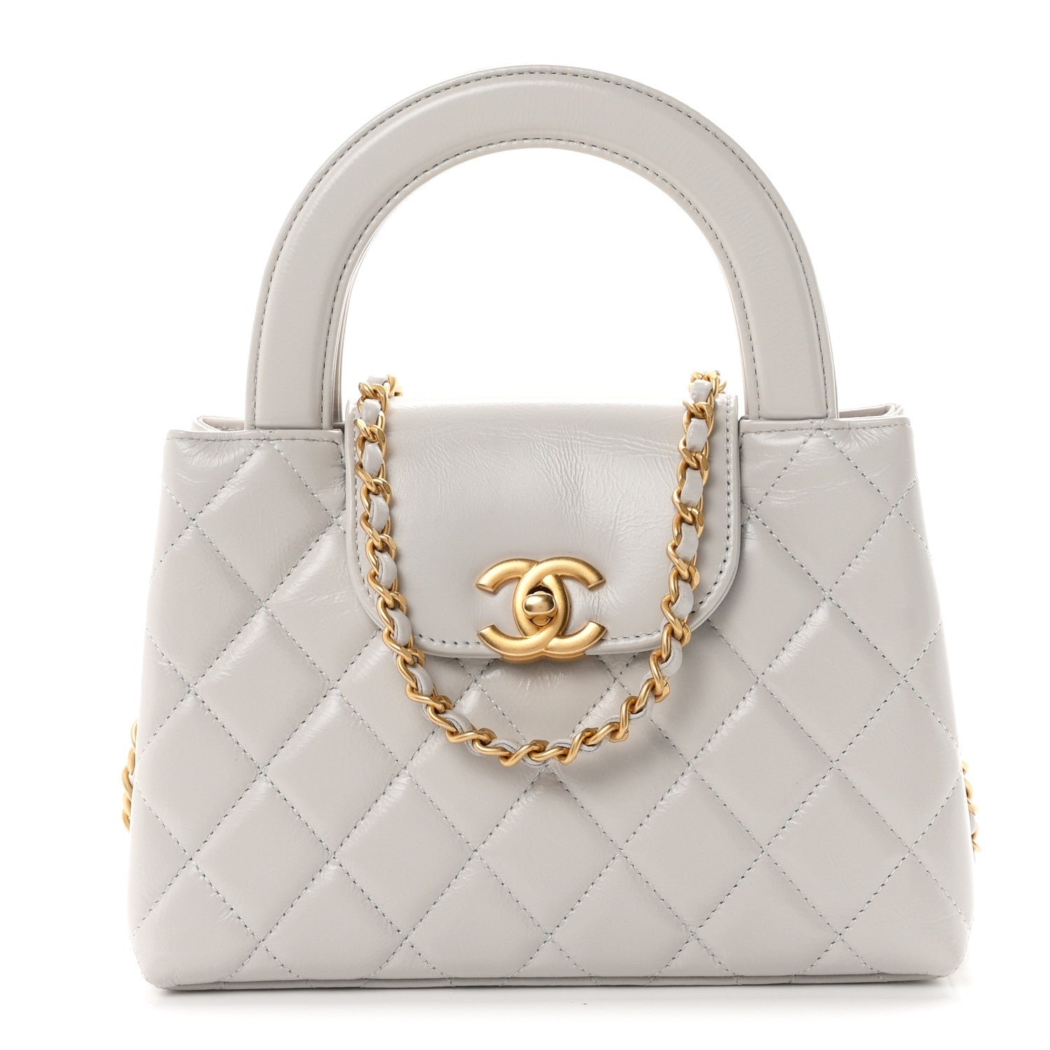 Chanel Shiny Aged Calfskin Quilted Nano Kelly Shopper Light Grey