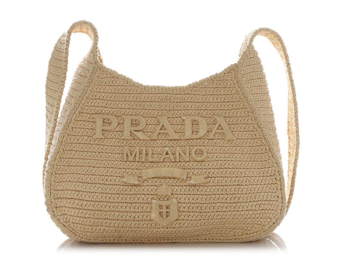 Prada Beige Raffia Crochet Shoulder Bag