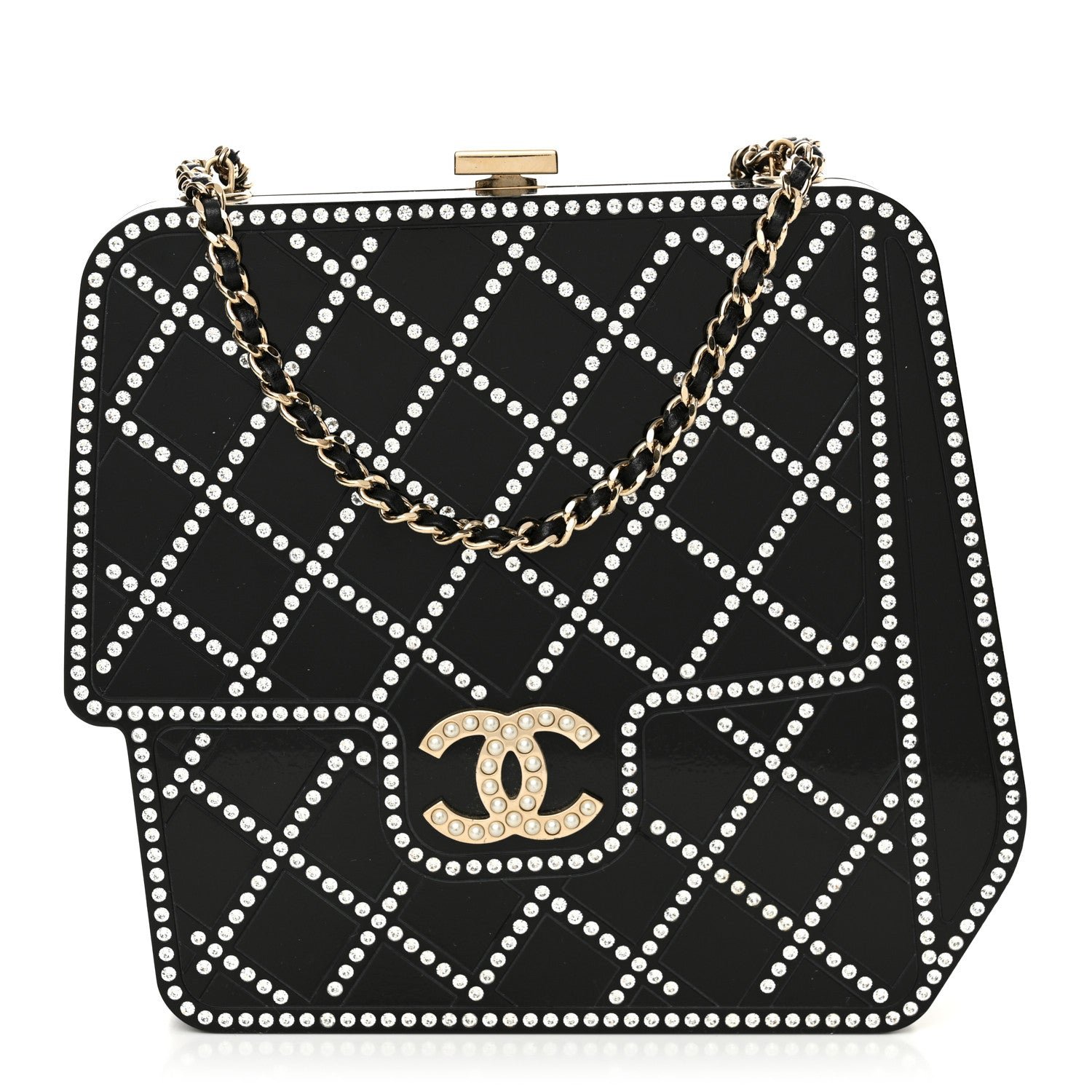 Chanel Plexiglass Crystal Quilted Minaudiere Clutch Black White