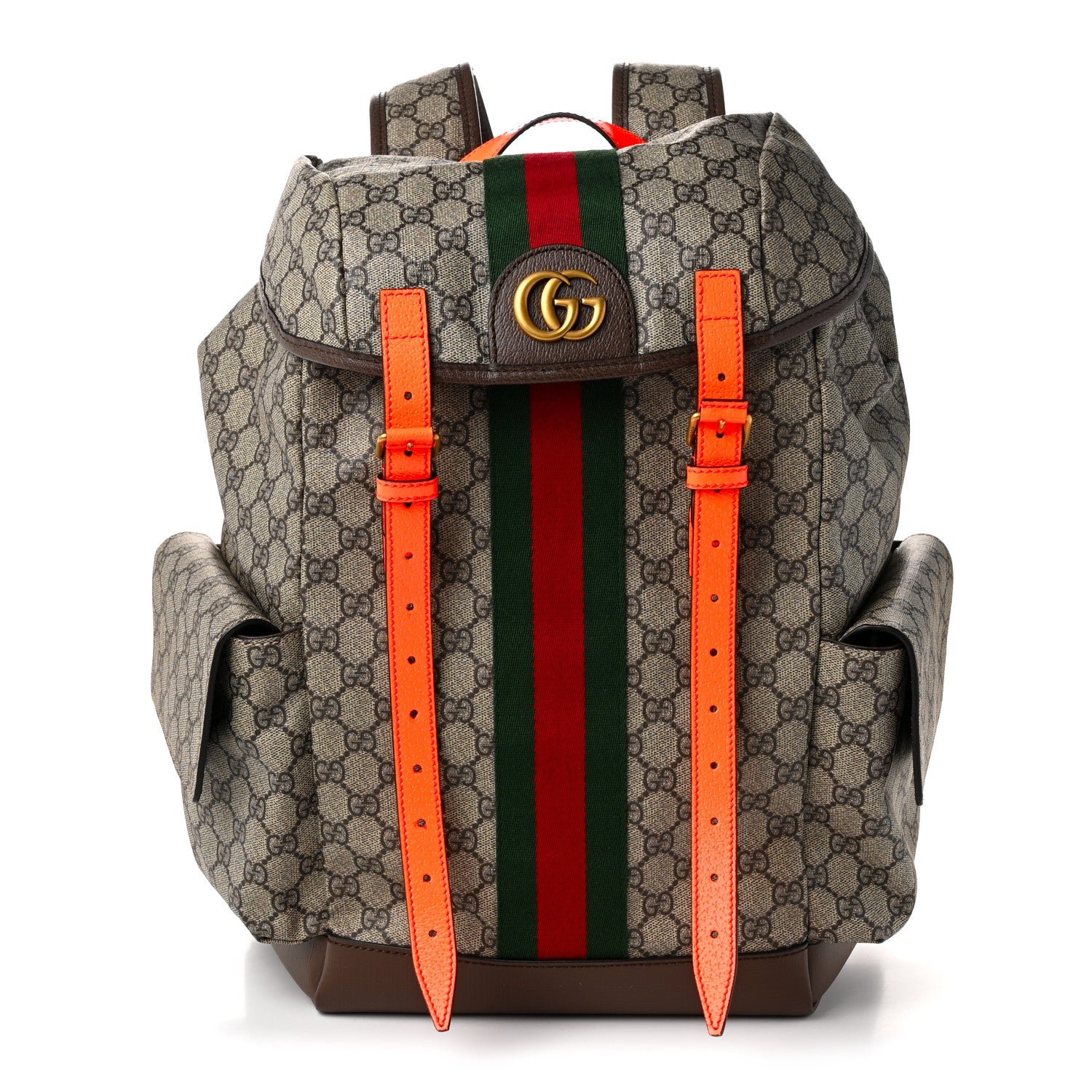 Gucci GG Supreme Monogram Medium Ophidia Double Buckle Backpack Beige Ebony Neon Orange