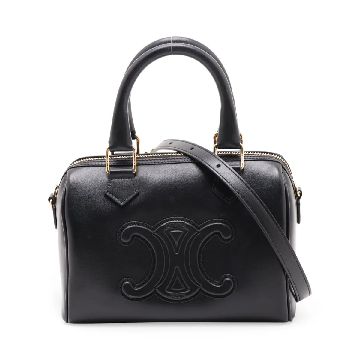 Celine Cuir Triomphe Small Boston Leather 2 Way Handbag Black