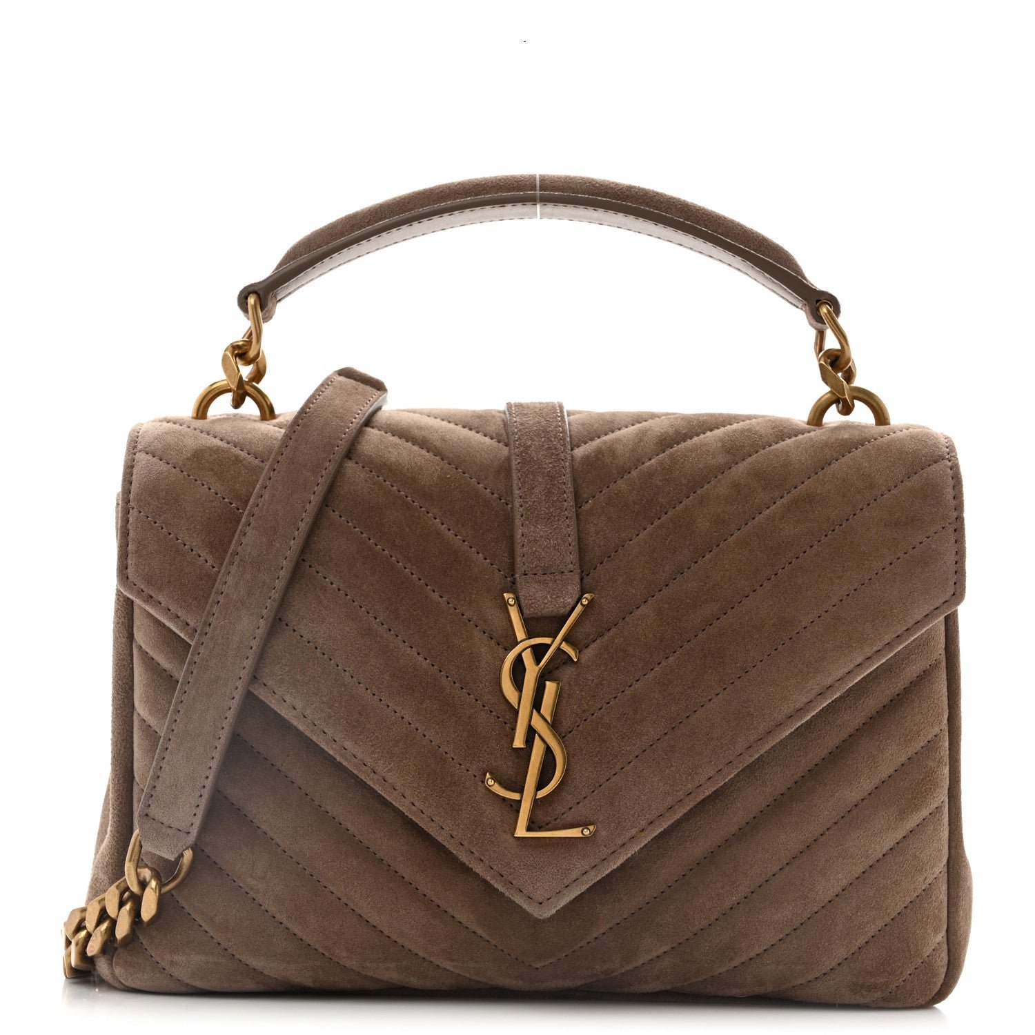 Saint Laurent Suede Matelasse Chevron Monogram Medium College Bag Taupe