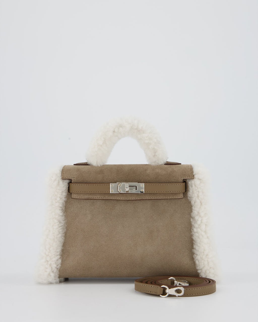 *HOT* Hermès Mini Kelly II 20 Teddy Plush Grizzly Bag in Etoupe Swift Leather, Ecru Plush & Gris Caillou Grizzly Suede Leather with Palladium Hardware