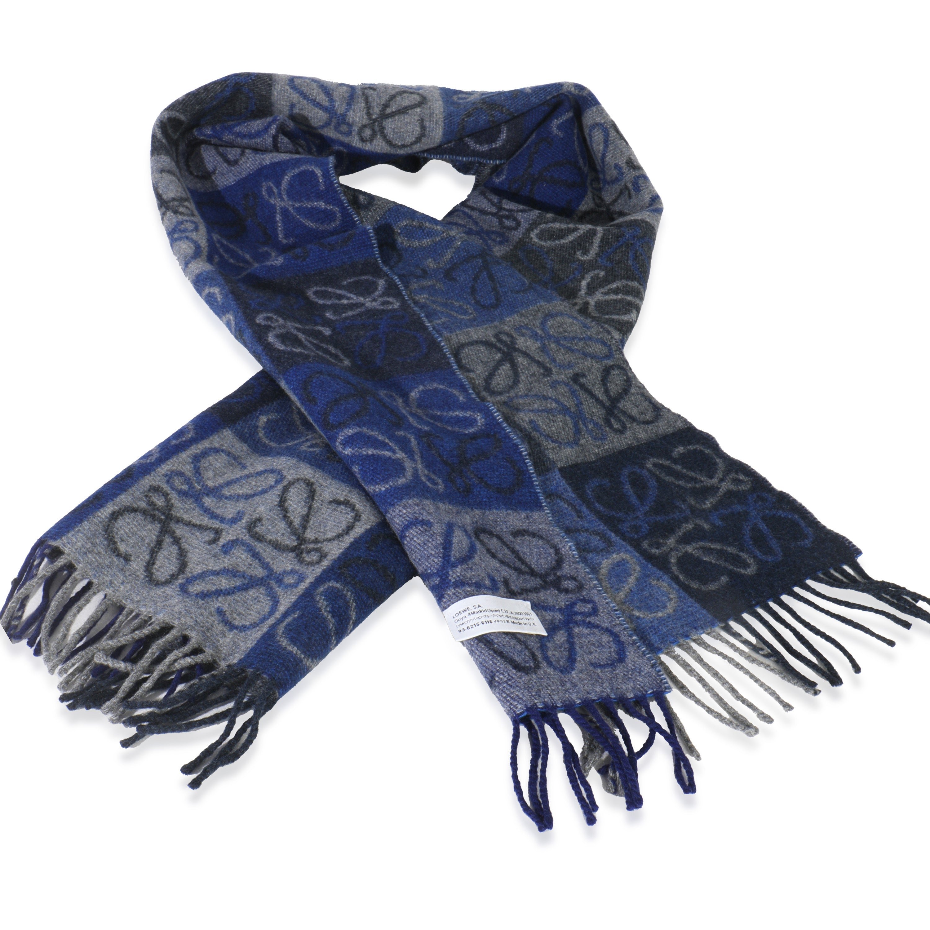 Loewe Blue Grey Wool Cashmere Double Face Anagram Fringe Scarf