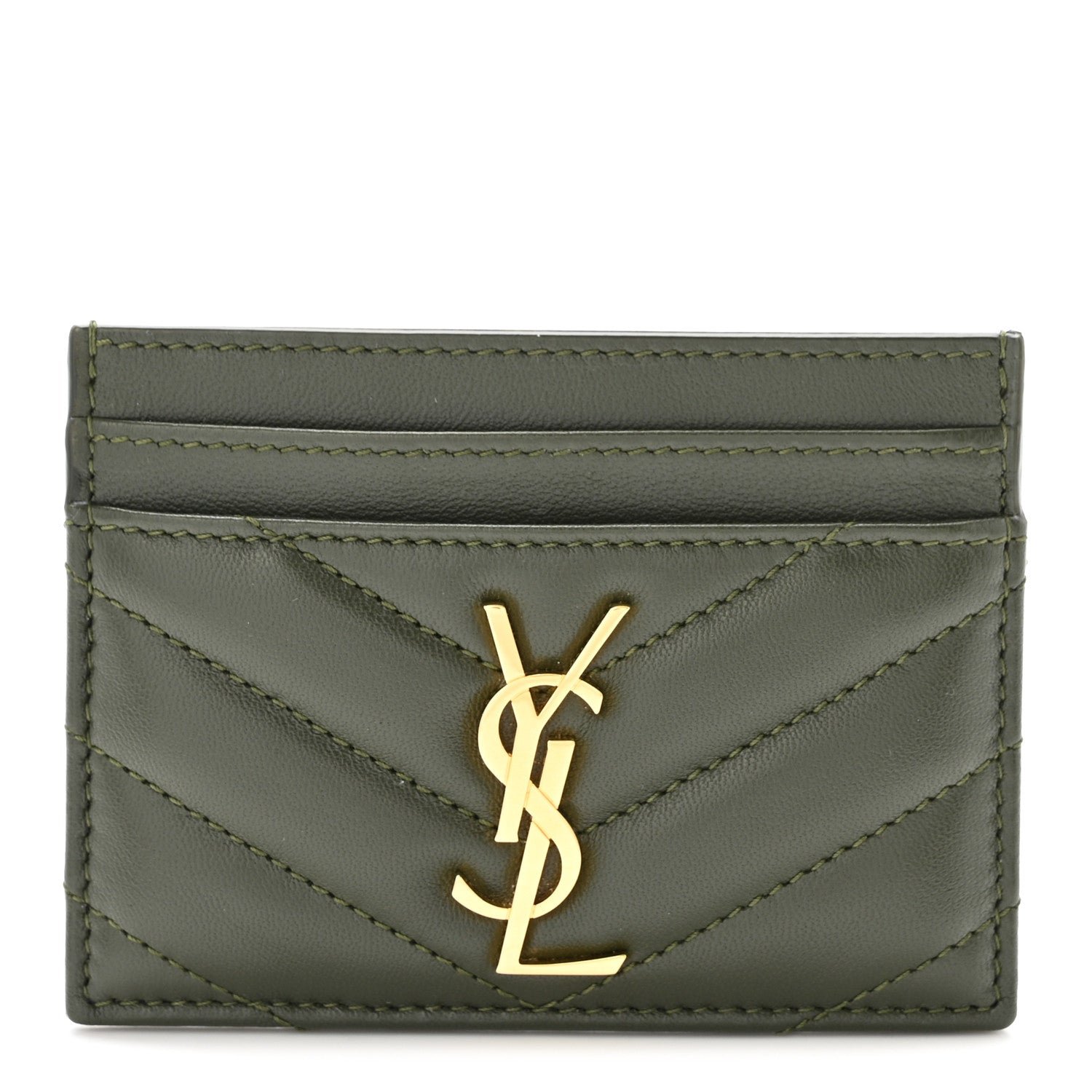 Saint Laurent Lambskin Matelasse Chevron Monogram Credit Card Case Olive Wood
