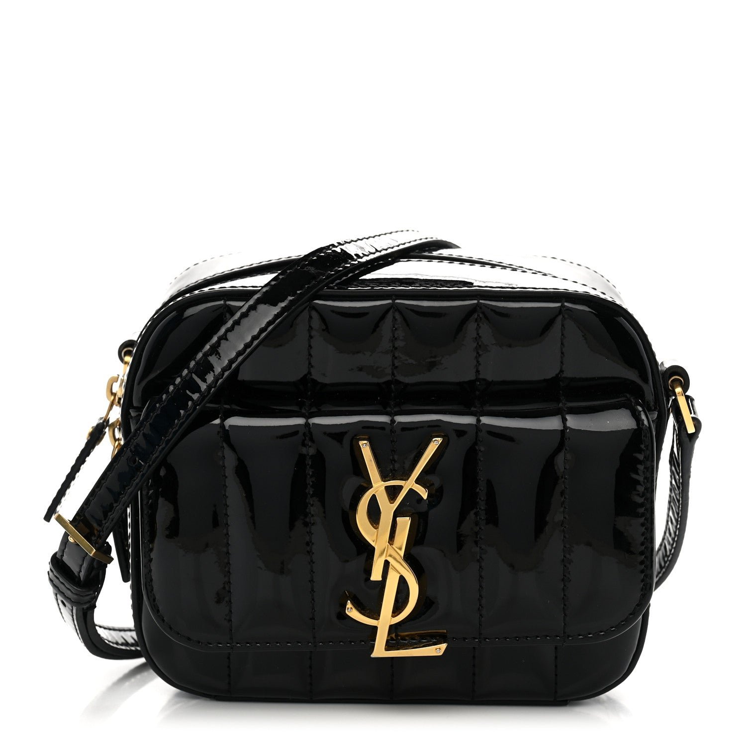 Saint Laurent Patent Matelasse Monogram Toy Vicky Camera Bag Black
