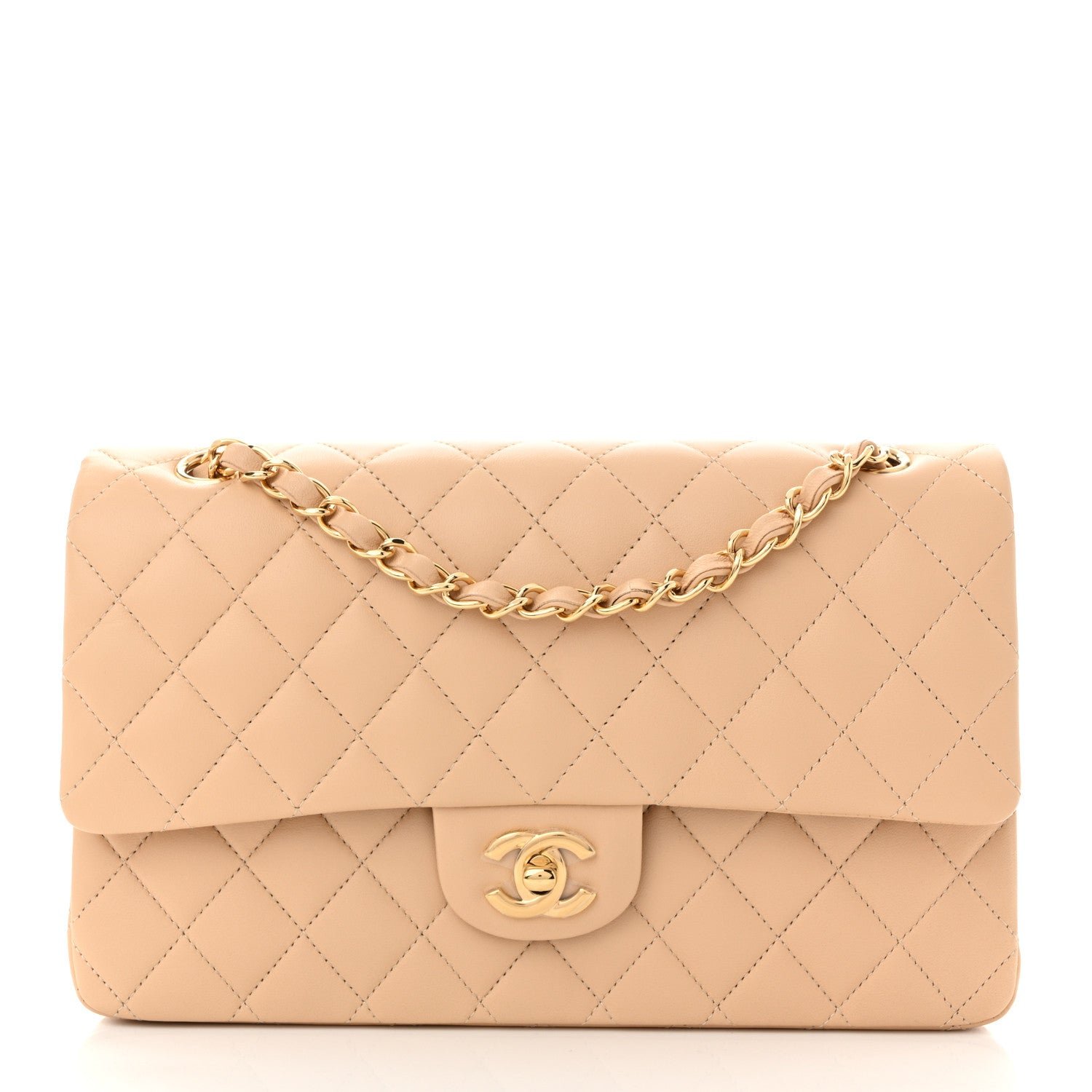 Chanel Lambskin Quilted Medium Double Flap Beige