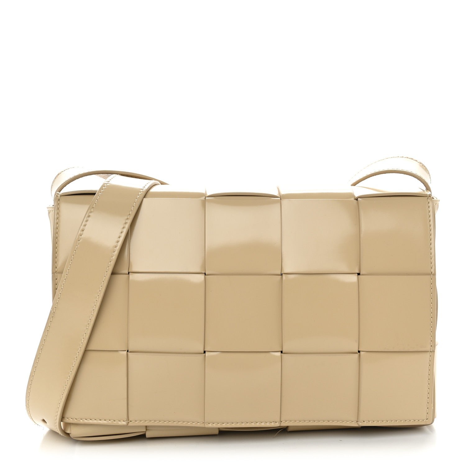 Bottega Veneta Patent Maxi Intrecciato Cassette Crossbody Bag Beige