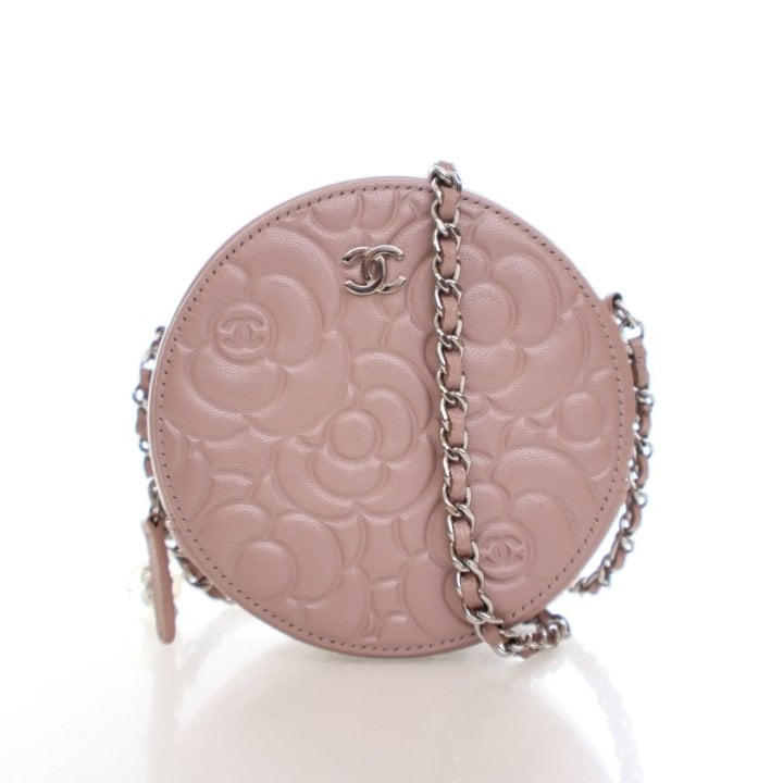 Chanel Calfskin Round Camellia Clutch With Chain