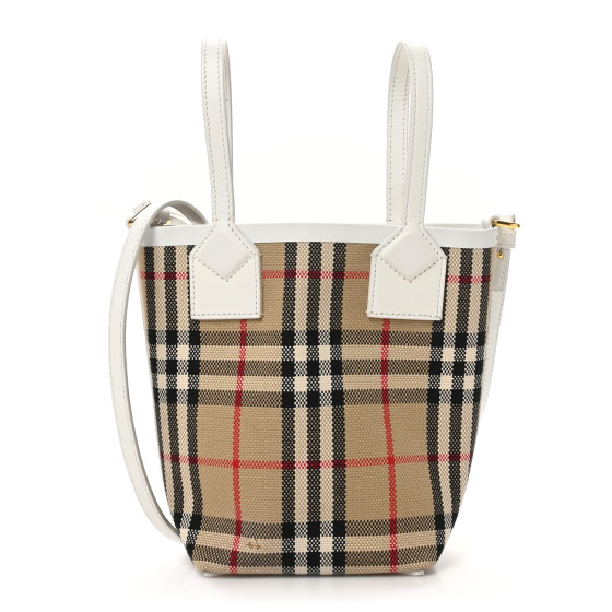 Burberry Cotton Calfskin Vintage Check Mini London Tote Bag White