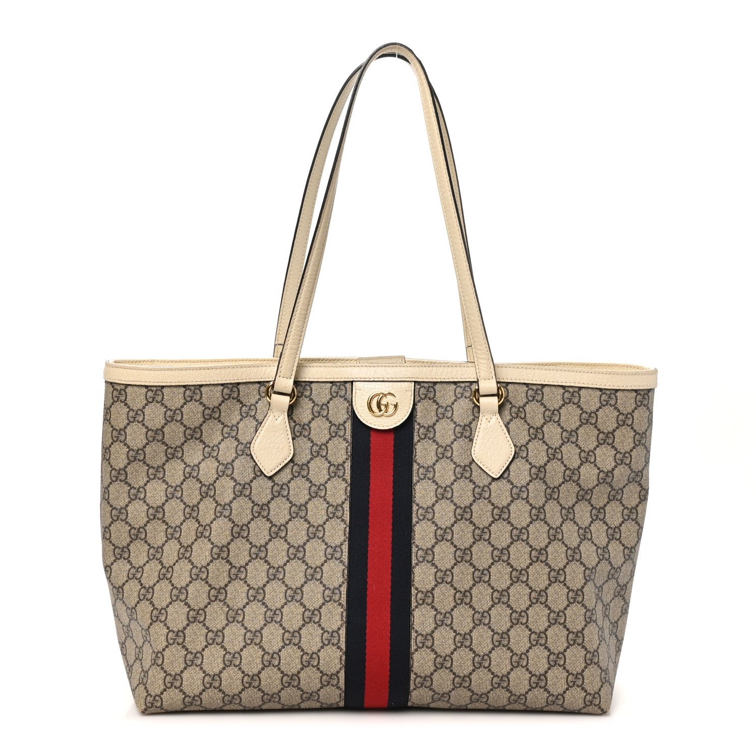 Gucci GG Supreme Monogram Textured Dollar Calfskin Web Medium Ophidia Shopping Tote Beige Ebony Mystic White