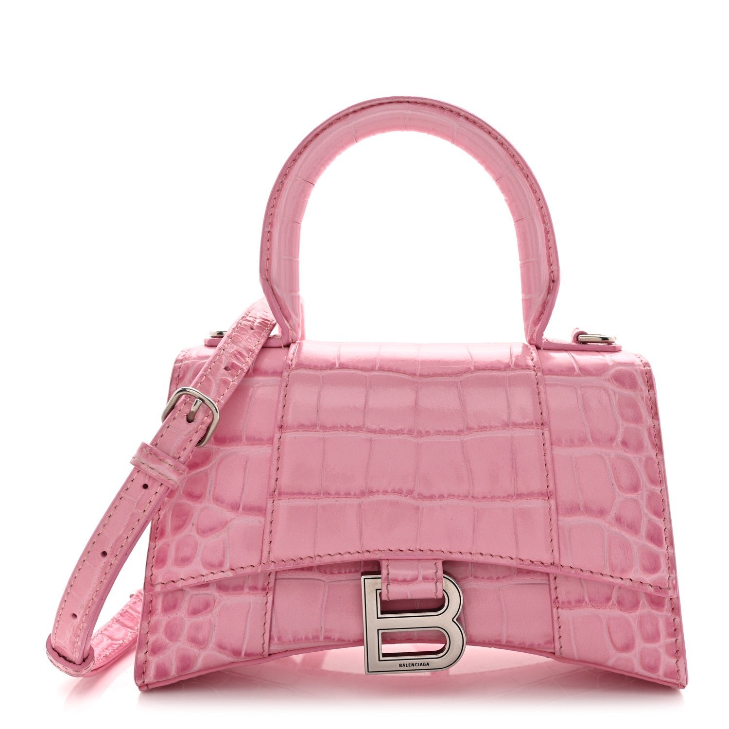 Balenciaga Shiny Calfskin Crocodile Embossed Hourglass Top Handle Bag XS Sweet Pink