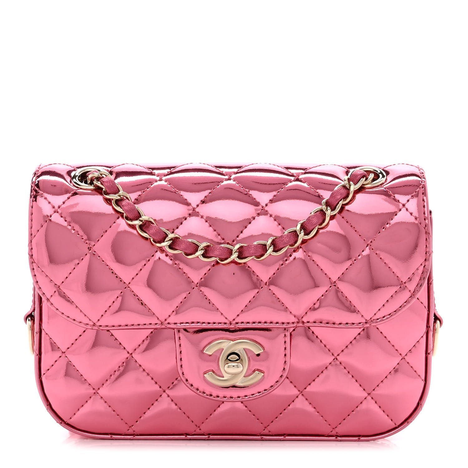 Chanel Mirror Calfskin Metallic Lambskin Quilted Hollywood Boulevard Mini Flap With Star Coin Purse Pink