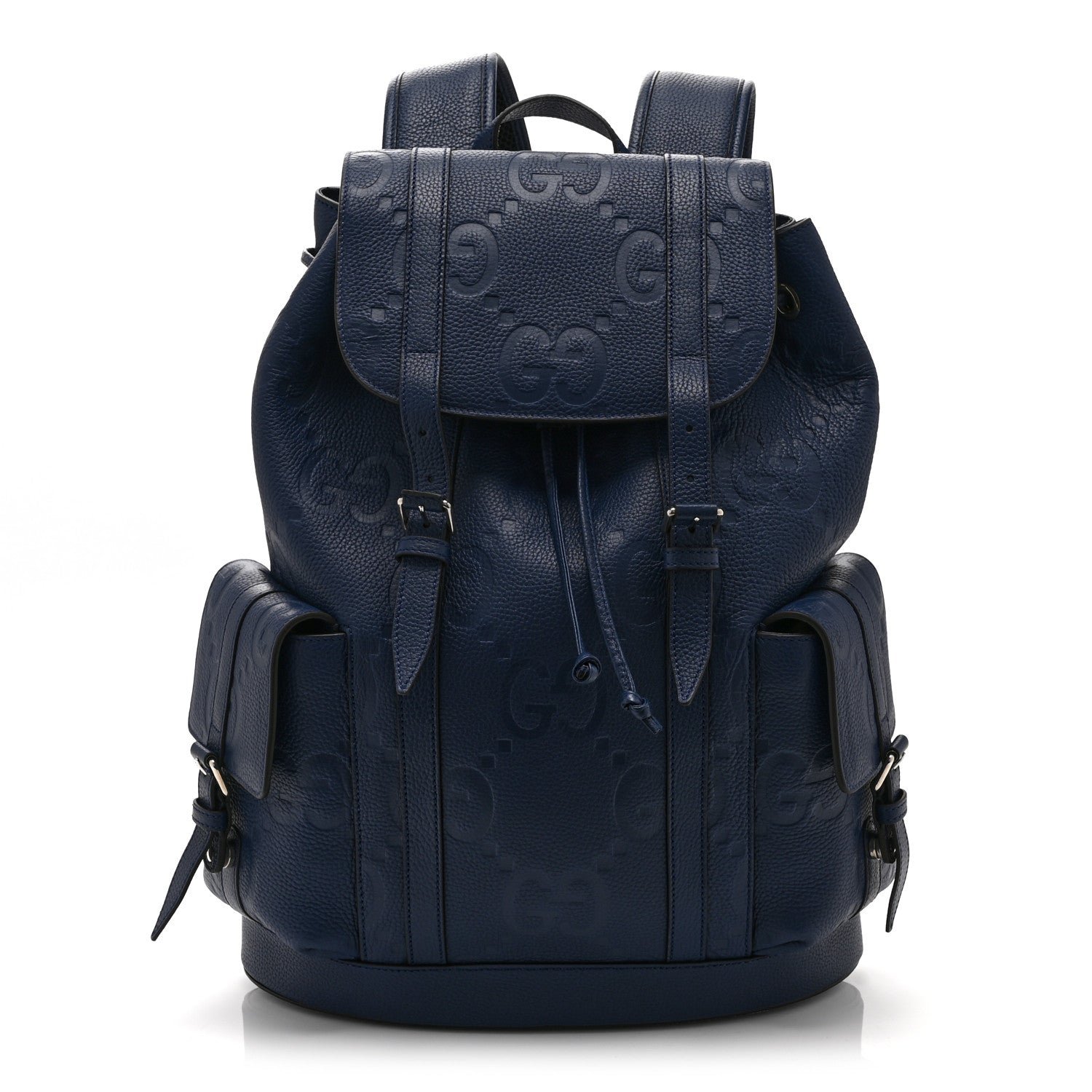 Gucci Piuma Calfskin Jumbo GG Embossed Double Buckle Backpack Navy