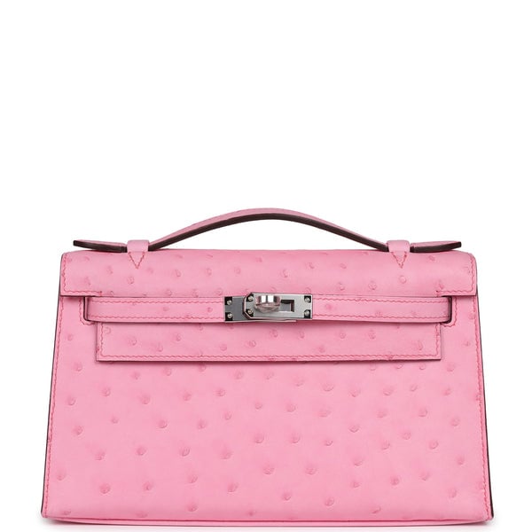 Hermes Kelly Pochette Bubblegum Ostrich Boreal Palladium Hardware