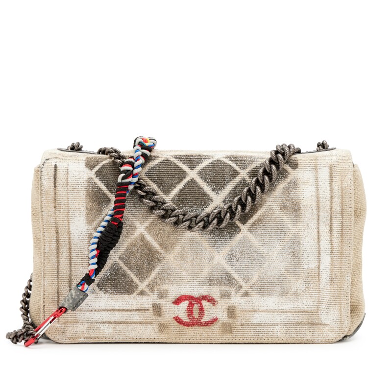 Beige and Black Tromp L’Oeil Canvas Graffiti Art School OH My Boy Bag Silver Hardware, 2014
