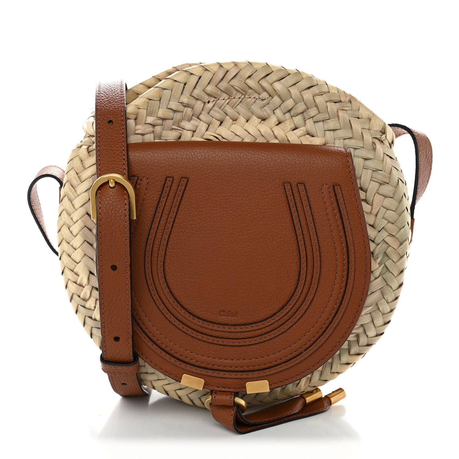 Chloe Raffia Small Grain Calfskin Small Marcie Basket Crossbody Tan