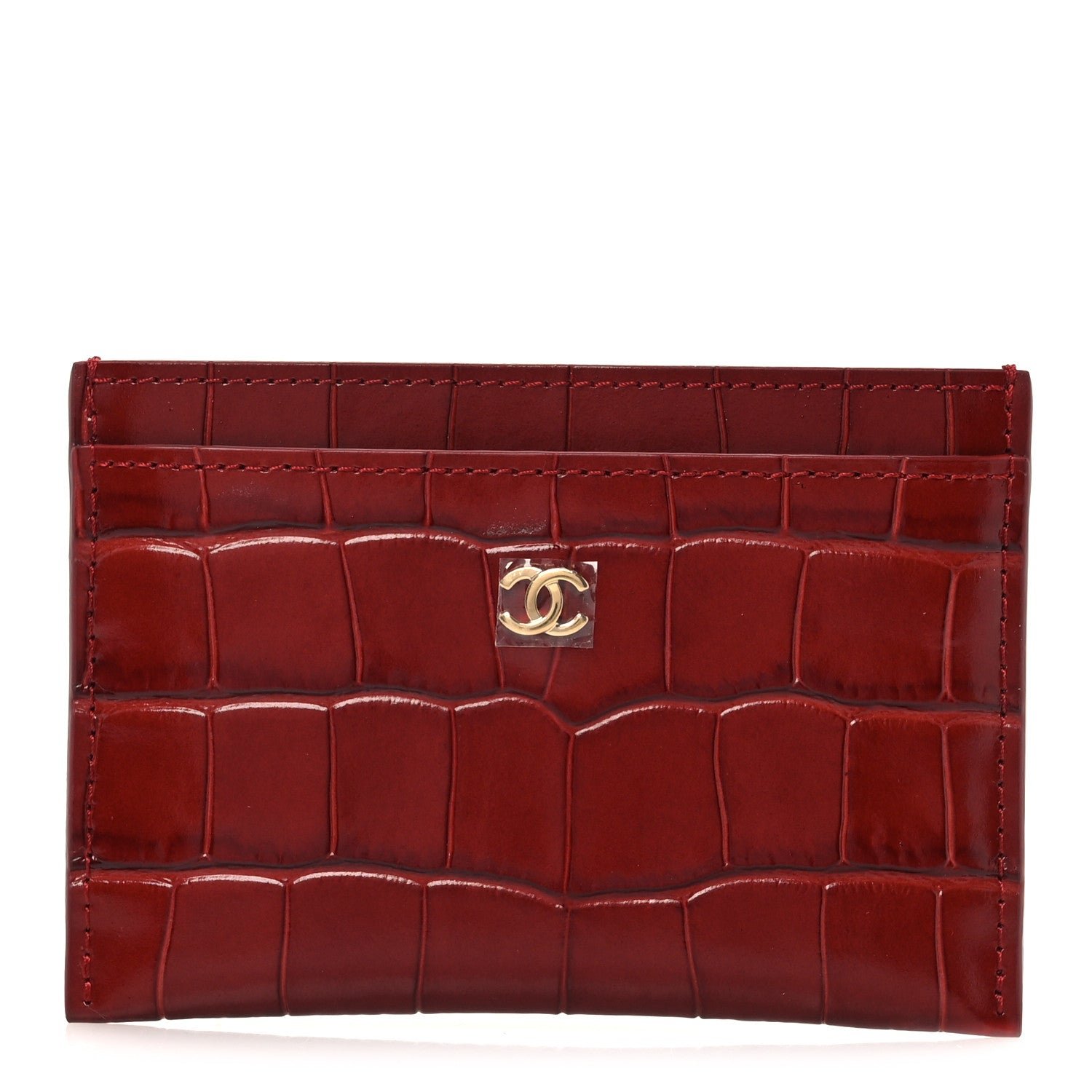 Chanel Calfskin Crocodile Embossed Crococo Card Holder Burgundy