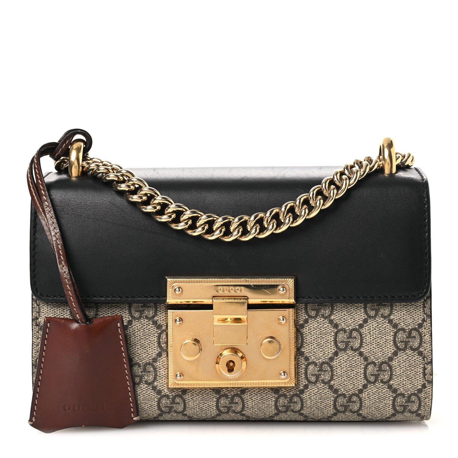 Gucci GG Supreme Monogram Calfskin Small Padlock Shoulder Bag Beige Black Cuir