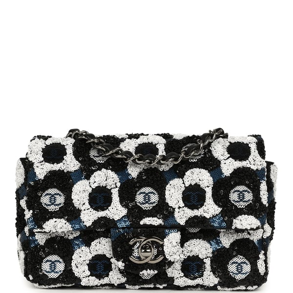 Pre-owned Chanel Mini Rectangular Flower Flap Bag Black, Navy, White Sequin Ruthenium Hardware