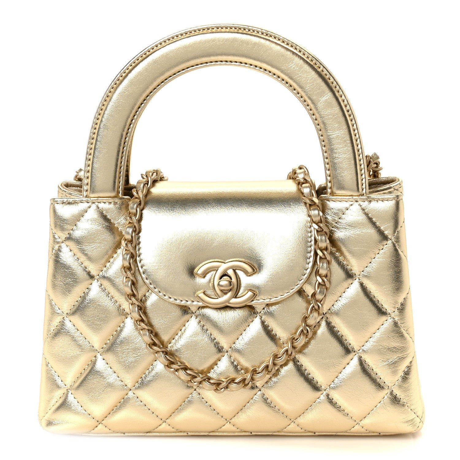 Chanel Metallic Shiny Aged Calfskin Quilted Nano Kelly Shopper Gold