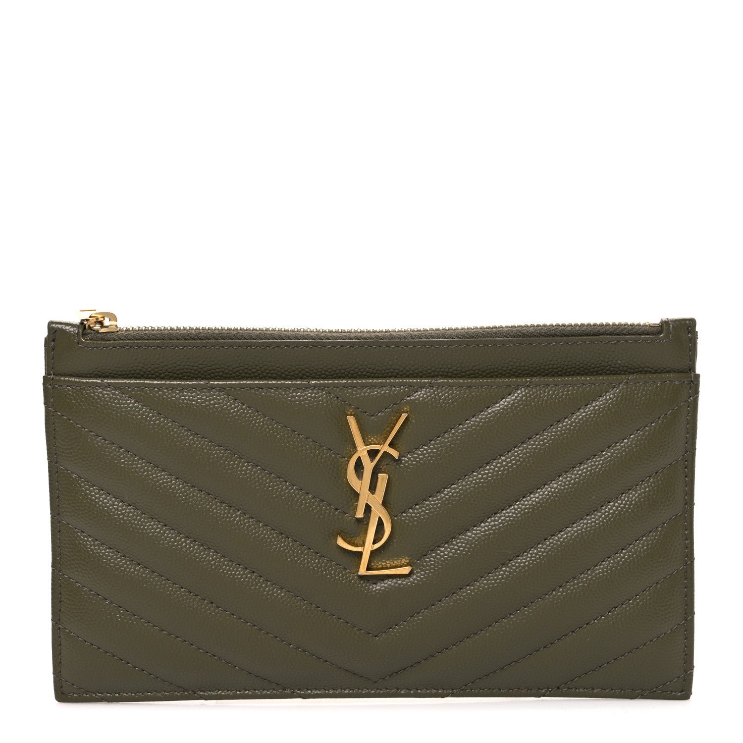 Saint Laurent Grain De Poudre Chevron Monogram Bill Pouch Vert Kaki