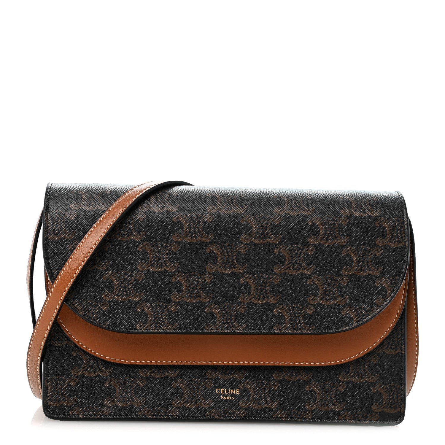 Celine Triomphe Canvas Lambskin Wallet On Strap Tan