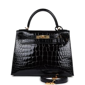 Hermes Hermes Kelly Sellier 28 Black Shiny Alligator Gold Hardware