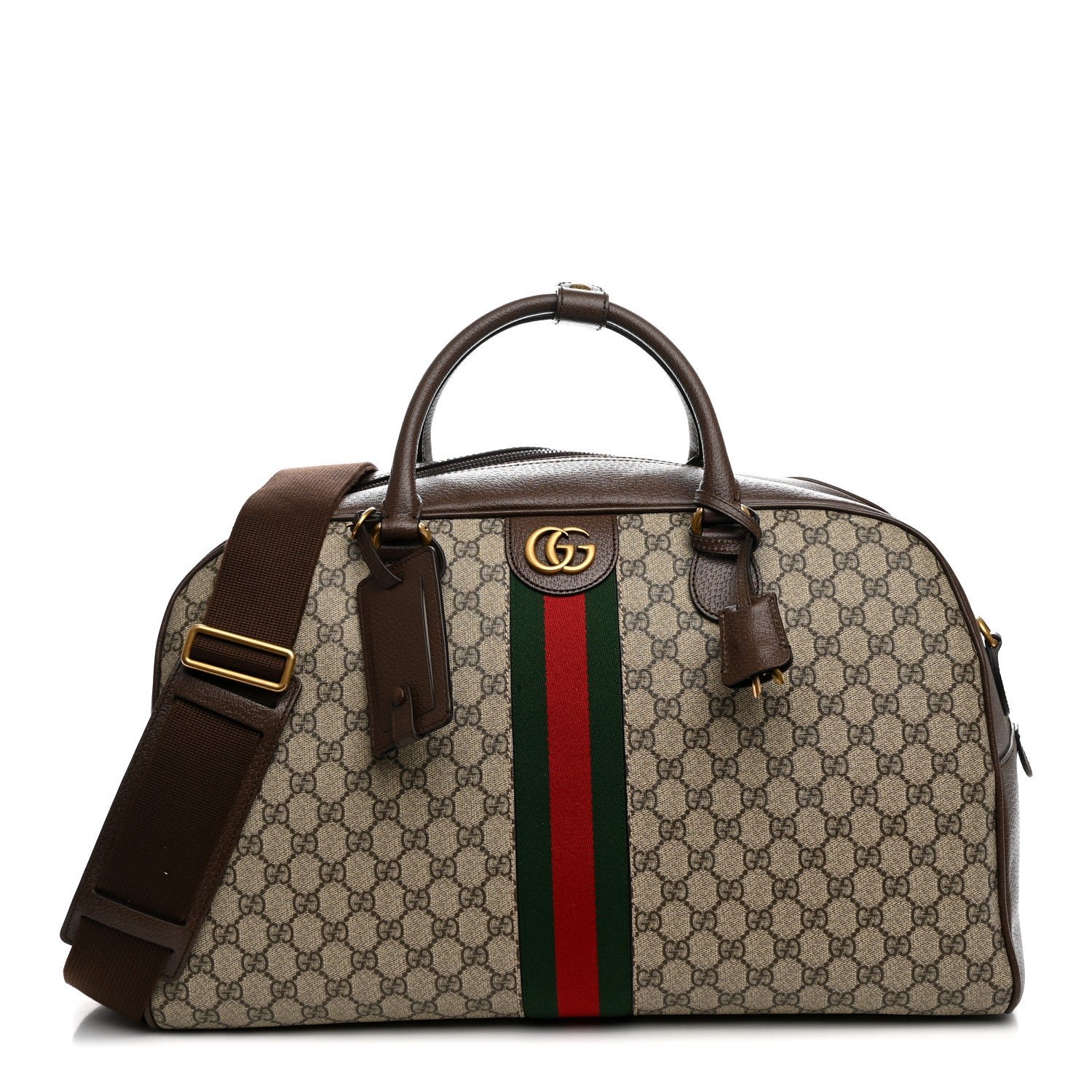 Gucci GG Supreme Monogram Textured Dollar Calfskin Web Large Savoy Bowling Bag Beige Ebony New Acero