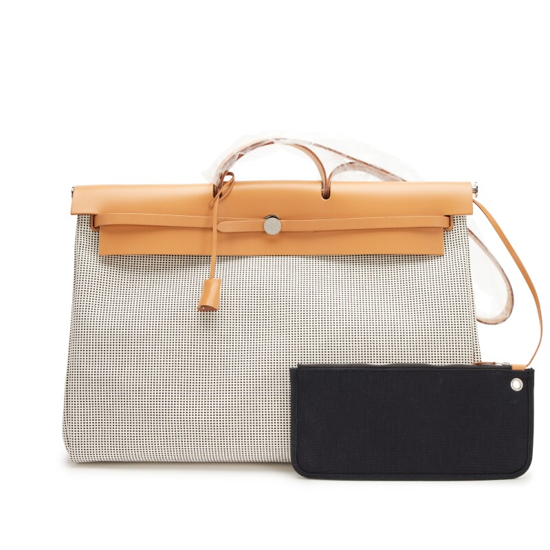 Hermes Ecru, Blanc and Black Quadrille Toile and Naturel Sable Hunter Herbag Zip Cabine 50 Bag Palladium Hardware, 2023