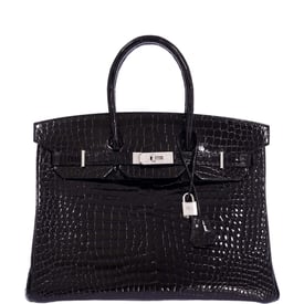 Hermes Hermès Birkin 35 Black Shiny Porosus Crocodile 18K White Gold and Diamond Hardware