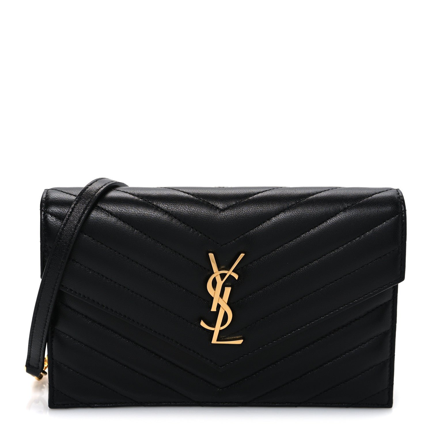 Saint Laurent Lambskin Matelasse Chevron Monogram Envelope Chain Wallet Black