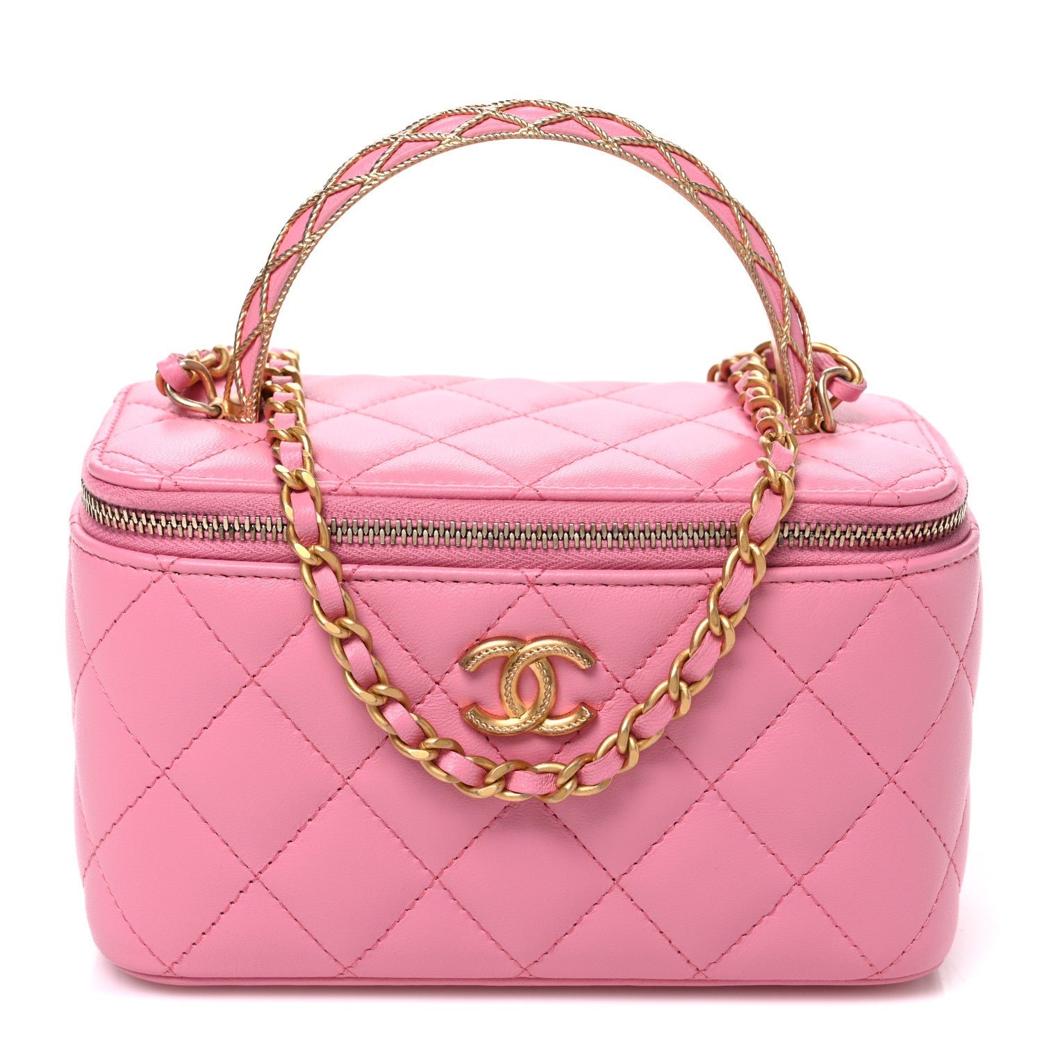 Chanel Lambskin Quilted Metal Twist Small Top Handle Vanity Case With Chain Pink