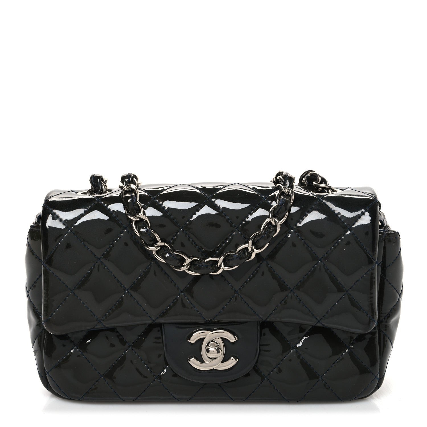 Chanel Patent Calfskin Quilted Mini Rectangular Flap Navy Blue